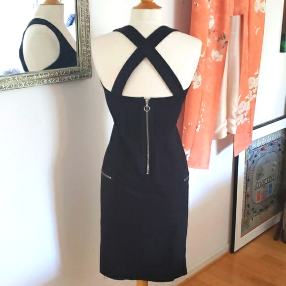 Zara Black Cotton Fitted Criss-Cross Straps Dress W/ Zippers Size Medium - Picture 4 of 11